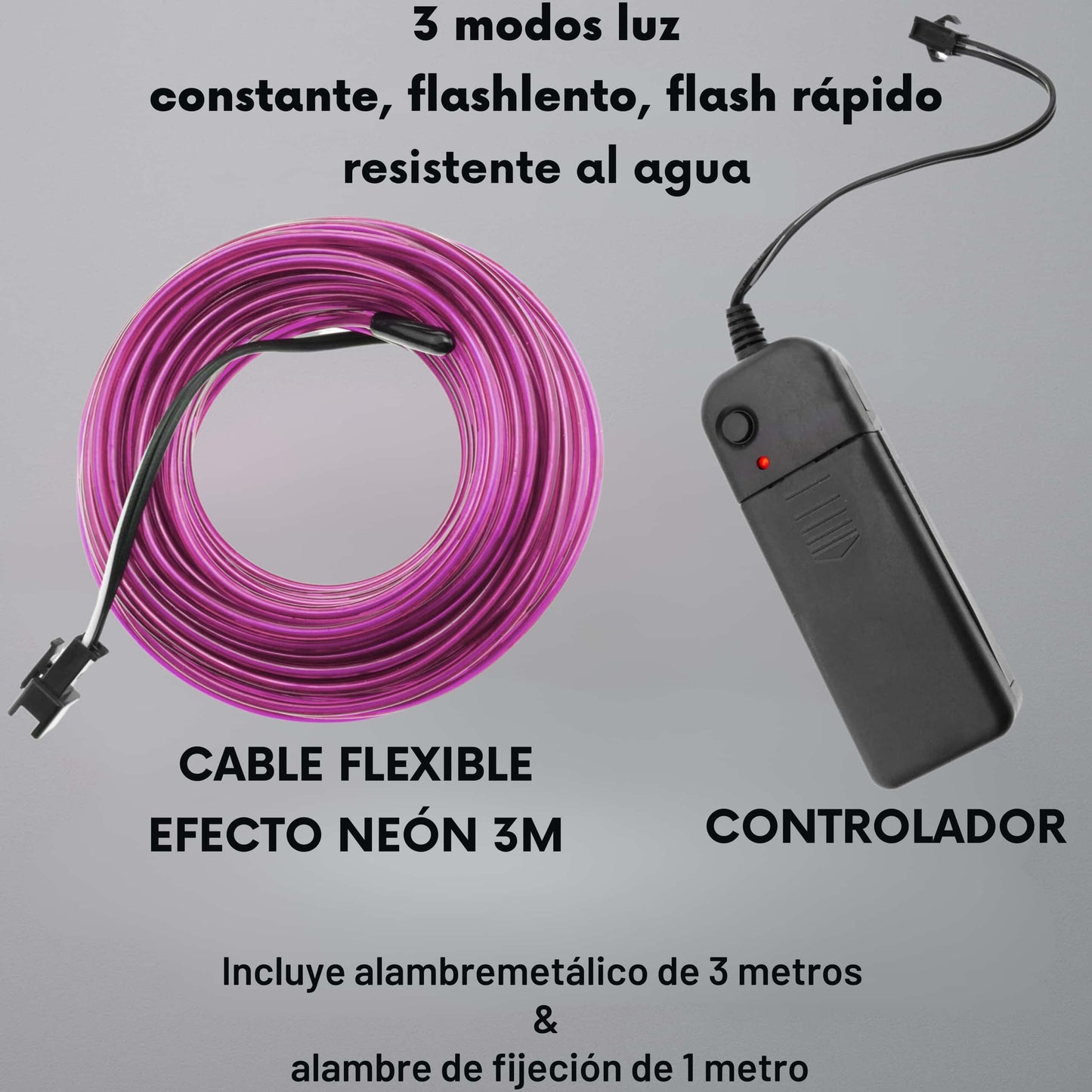 Detalle del cable LED rosa flexible mostrando su material y textura.