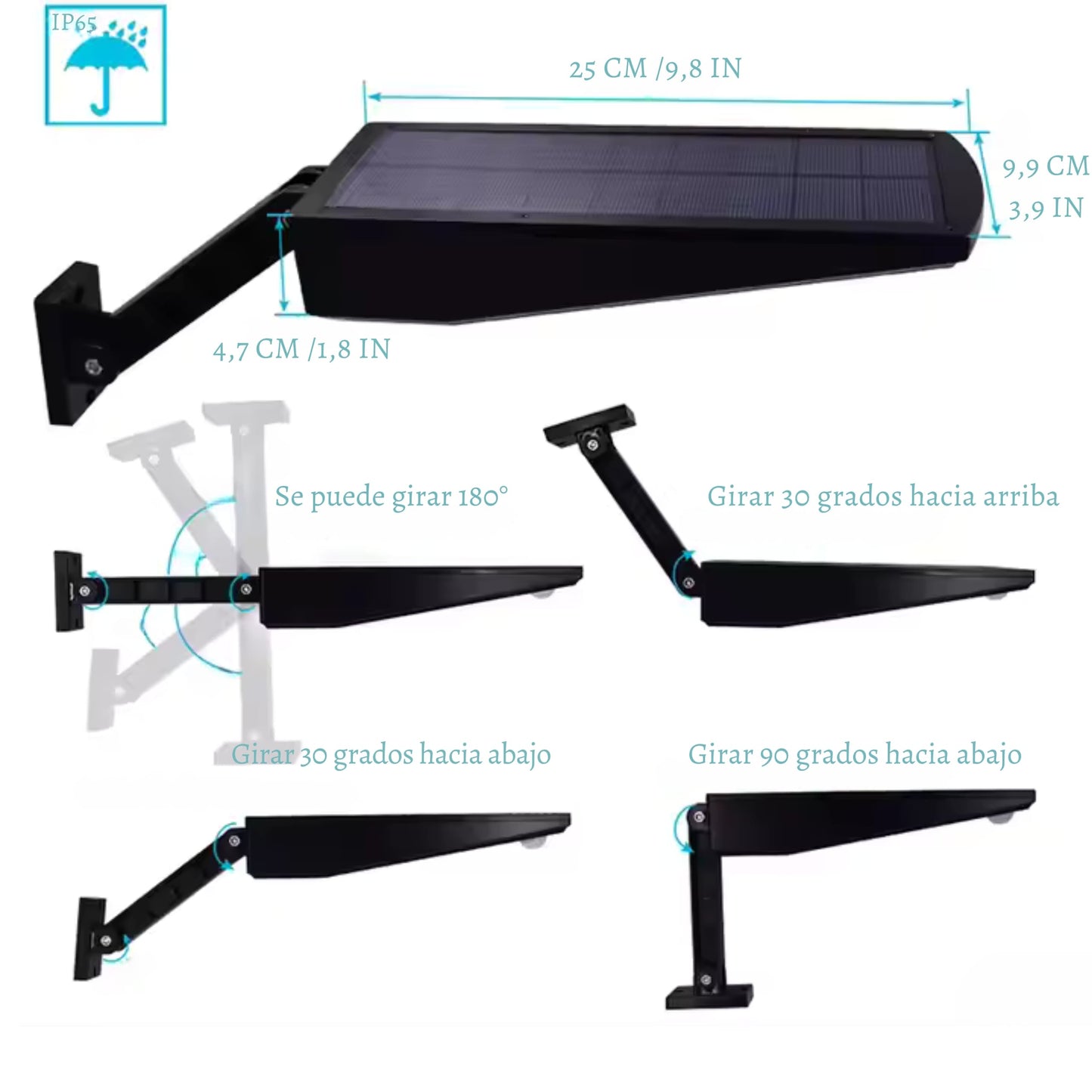 Detalle de la farola solar LED negra con sensor de movimiento, diseño compacto y resistente, con panel solar integrado y carcasa impermeable para exteriores.