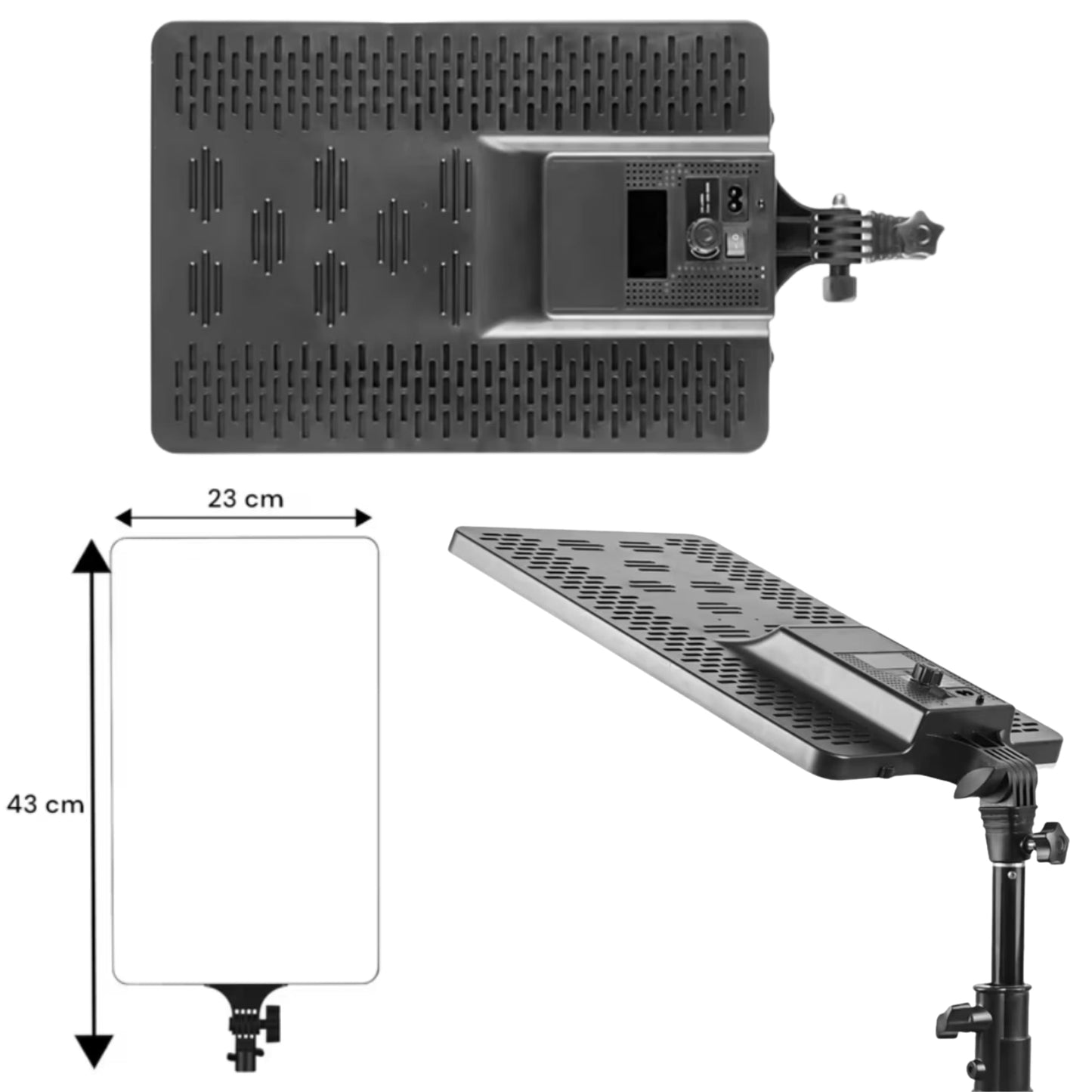 Detalle del producto: controles de brillo, temperatura de color y conexión USB en luz LED cuadrada.
