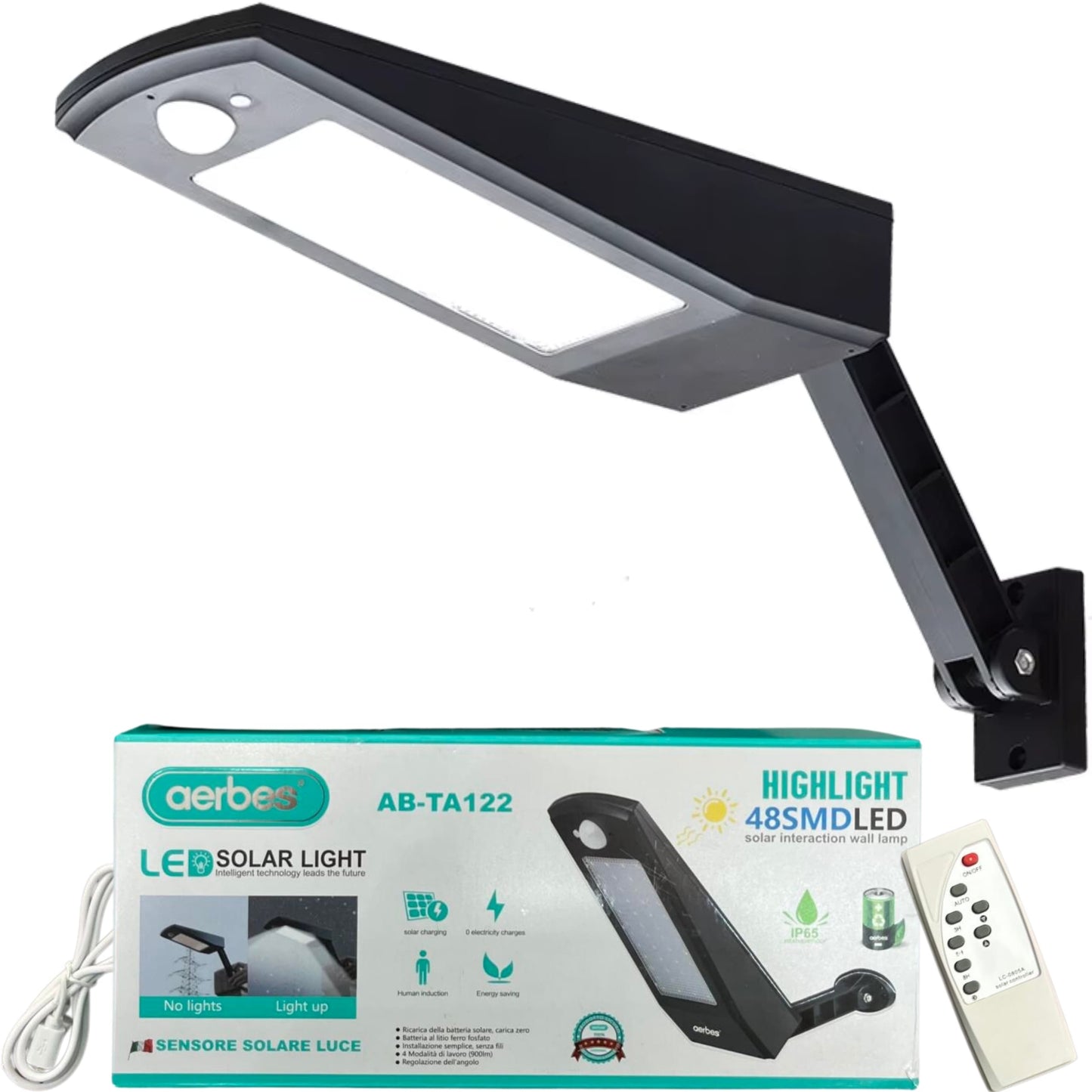 Farola solar LED negra con sensor de movimiento, incluye control remoto, cable USB y caja original. Ideal para iluminación exterior sin instalación eléctrica.