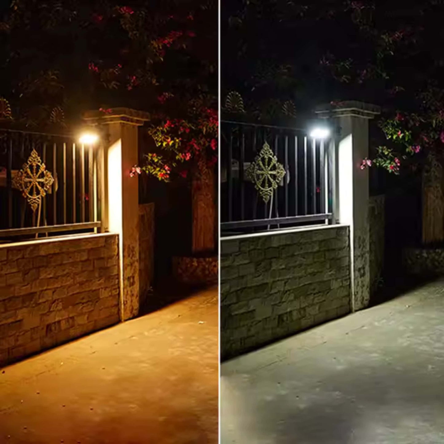 Imagen combinada de la farola solar LED instalada en diferentes áreas: jardín y pasillo, resaltando su adaptabilidad y eficiencia en zonas exteriores variadas.