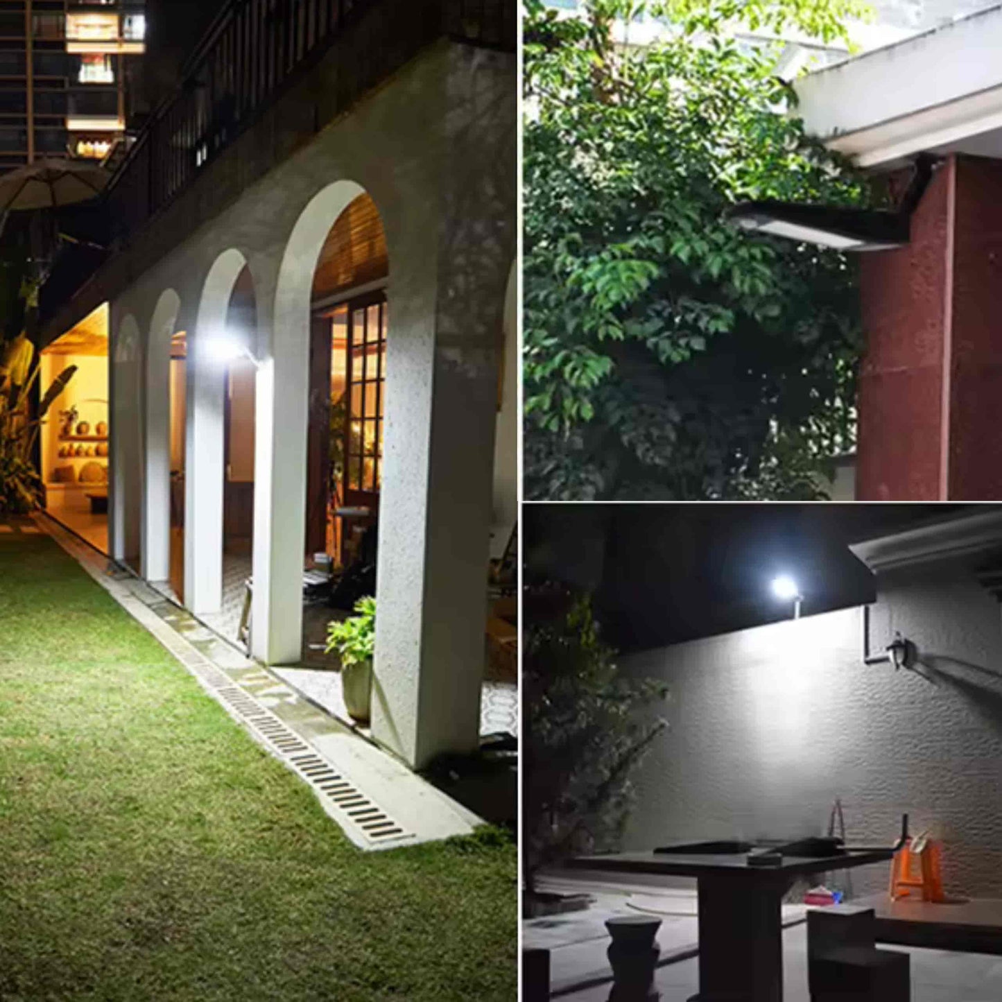 Tres ejemplos visuales del uso de la farola solar LED en distintos espacios exteriores: jardín, patio y fachada, mostrando su funcionalidad en diversos entornos.