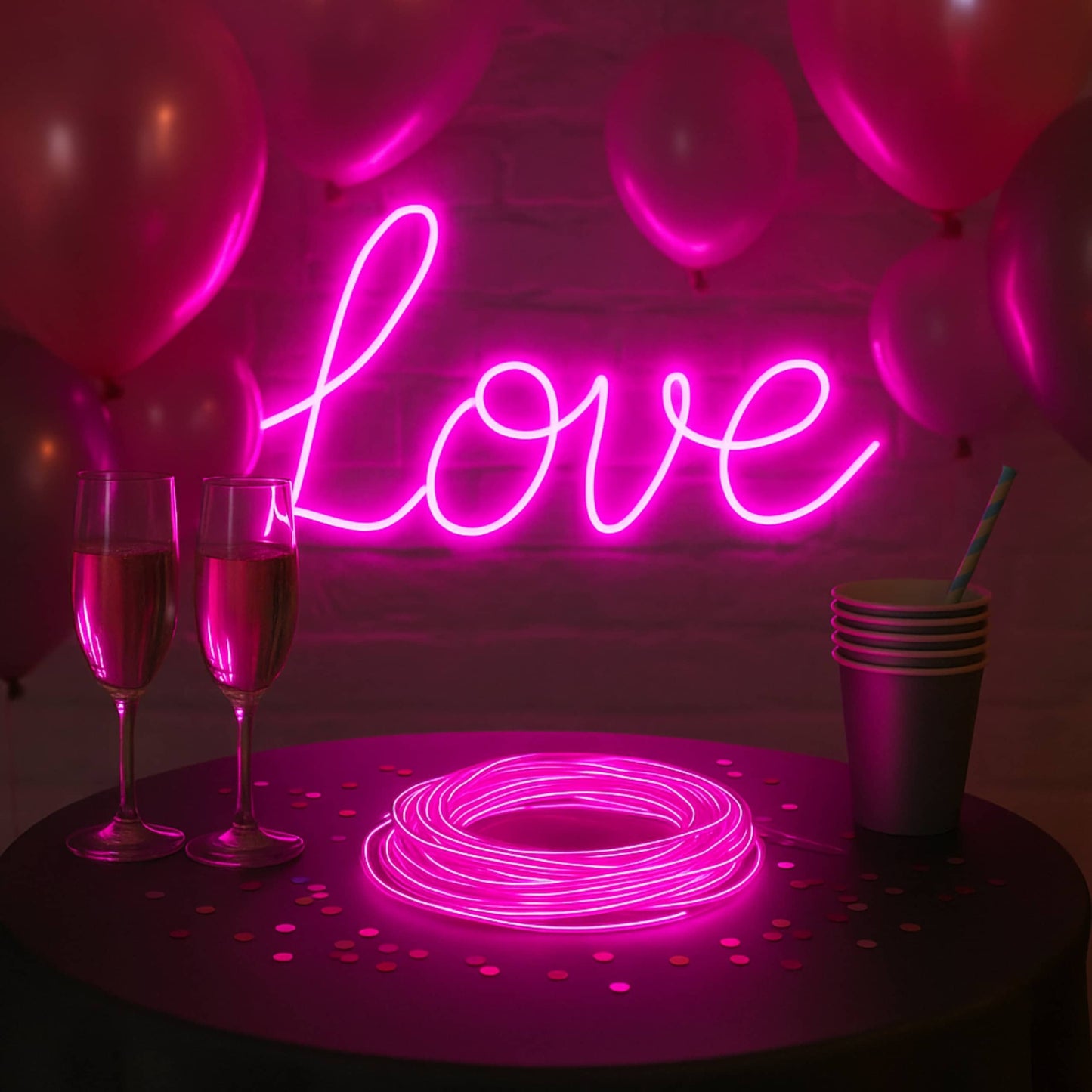 Ambiente de fiesta iluminado con cable neón rosa, creando efecto visual vibrante.