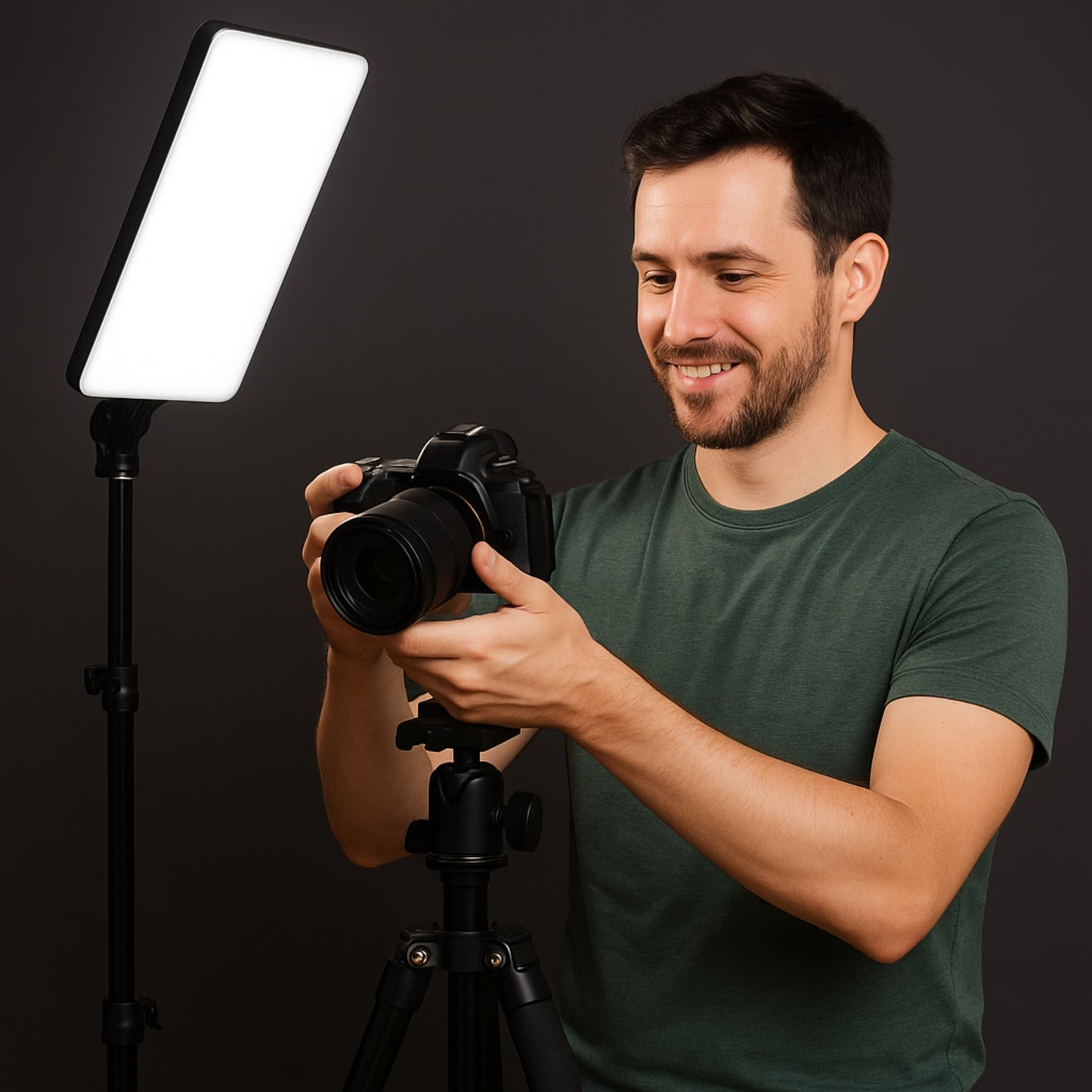 Chico en estudio profesional utilizando luz LED cuadrada para iluminación de retrato o video
