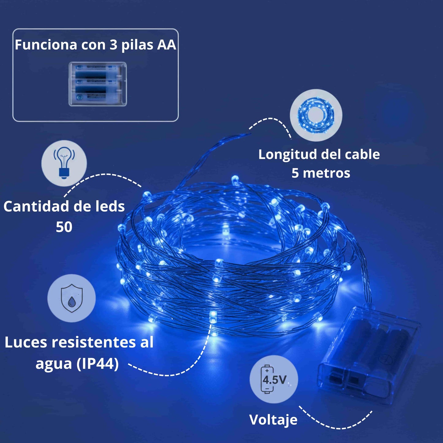 Detalles técnicos de la guirnalda LED azul: resistente al agua, 5 metros, 50 luces, funciona con pilas AA.