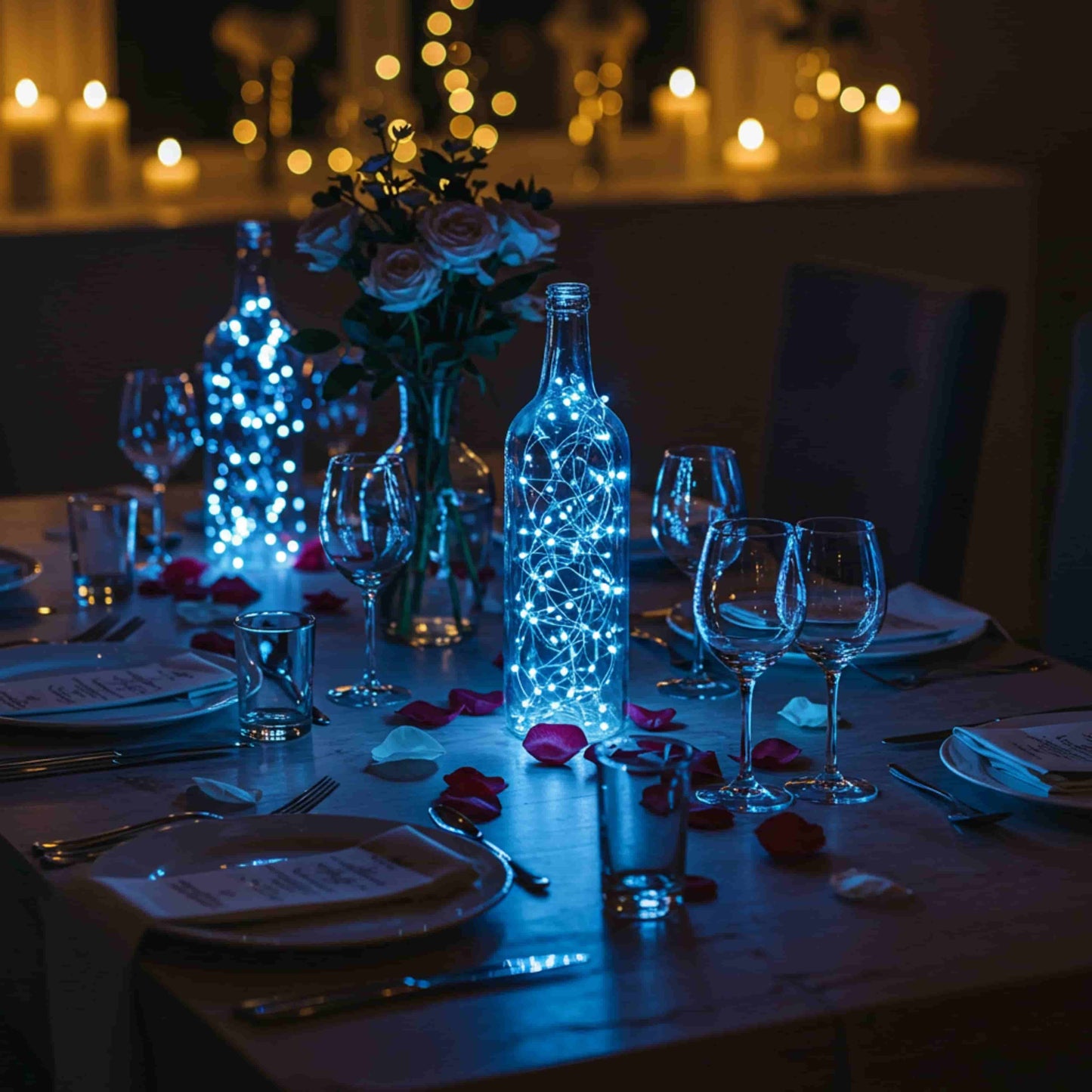 Guirnalda LED azul dentro de botella decorativa para cenas románticas o eventos especiales.