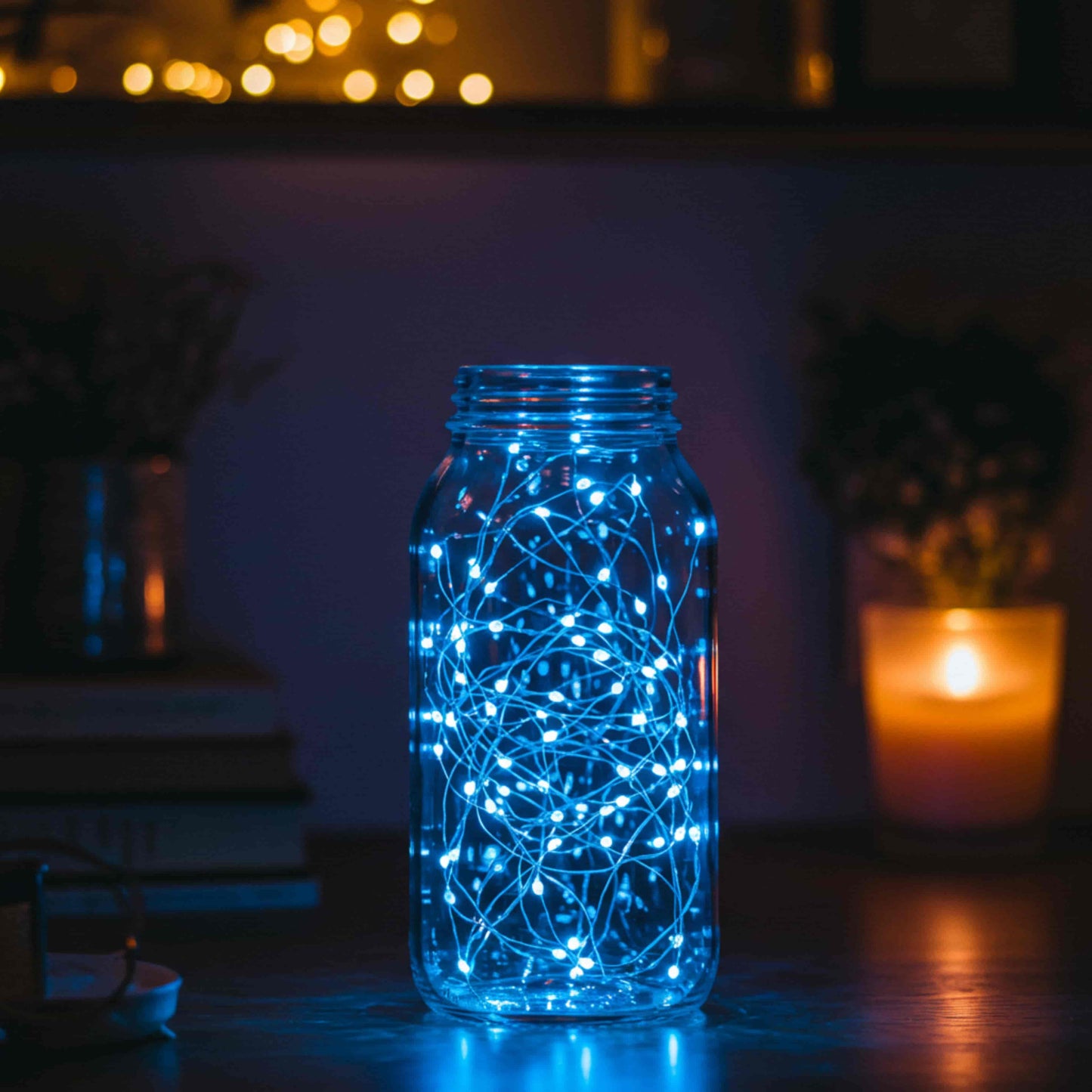 Guirnalda de luces LED azules colocada en frasco de vidrio para decoración ambiental y creativa.