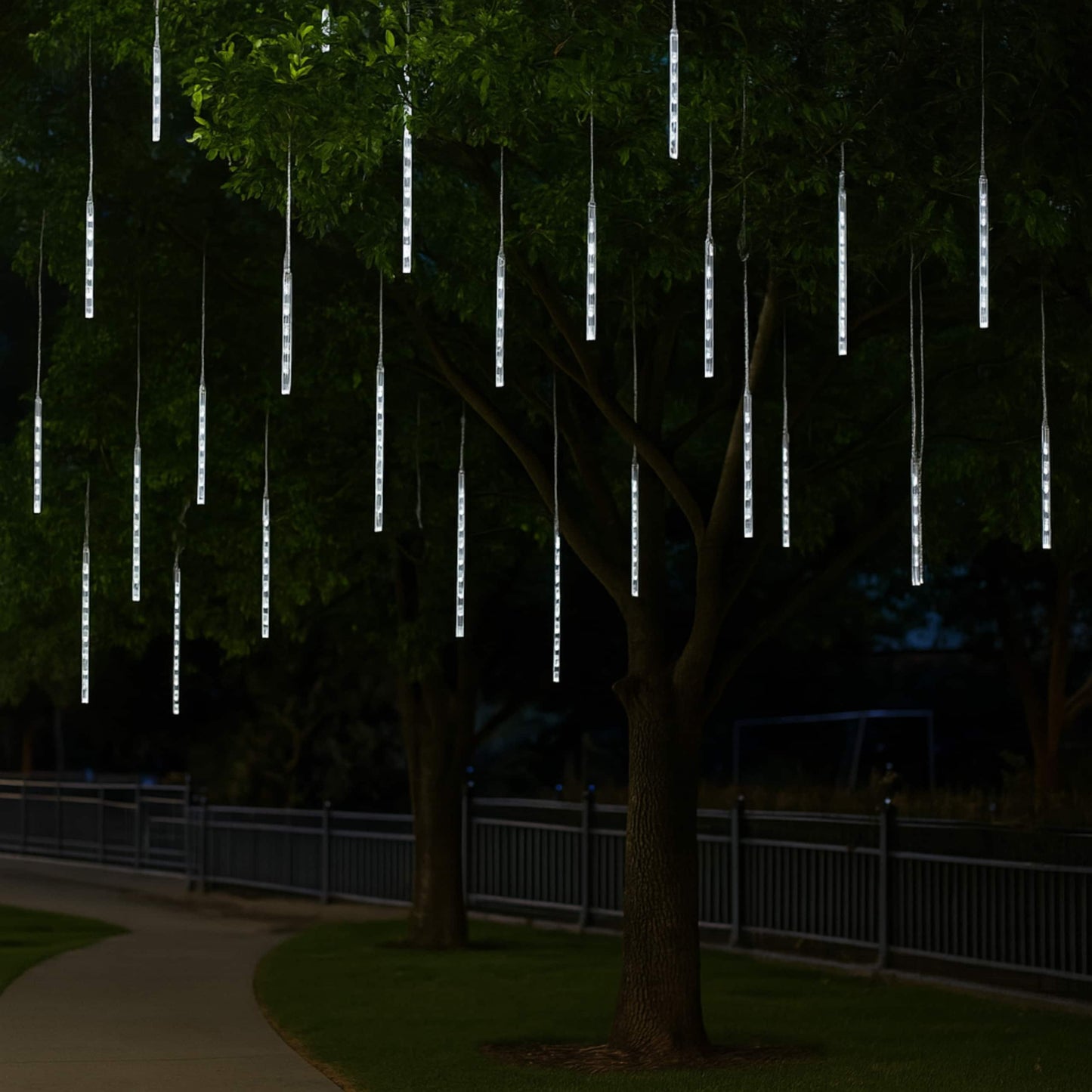 Guirnalda LED tipo cascada colocada en árbol de jardín encendida durante la noche, creando ambiente mágico.