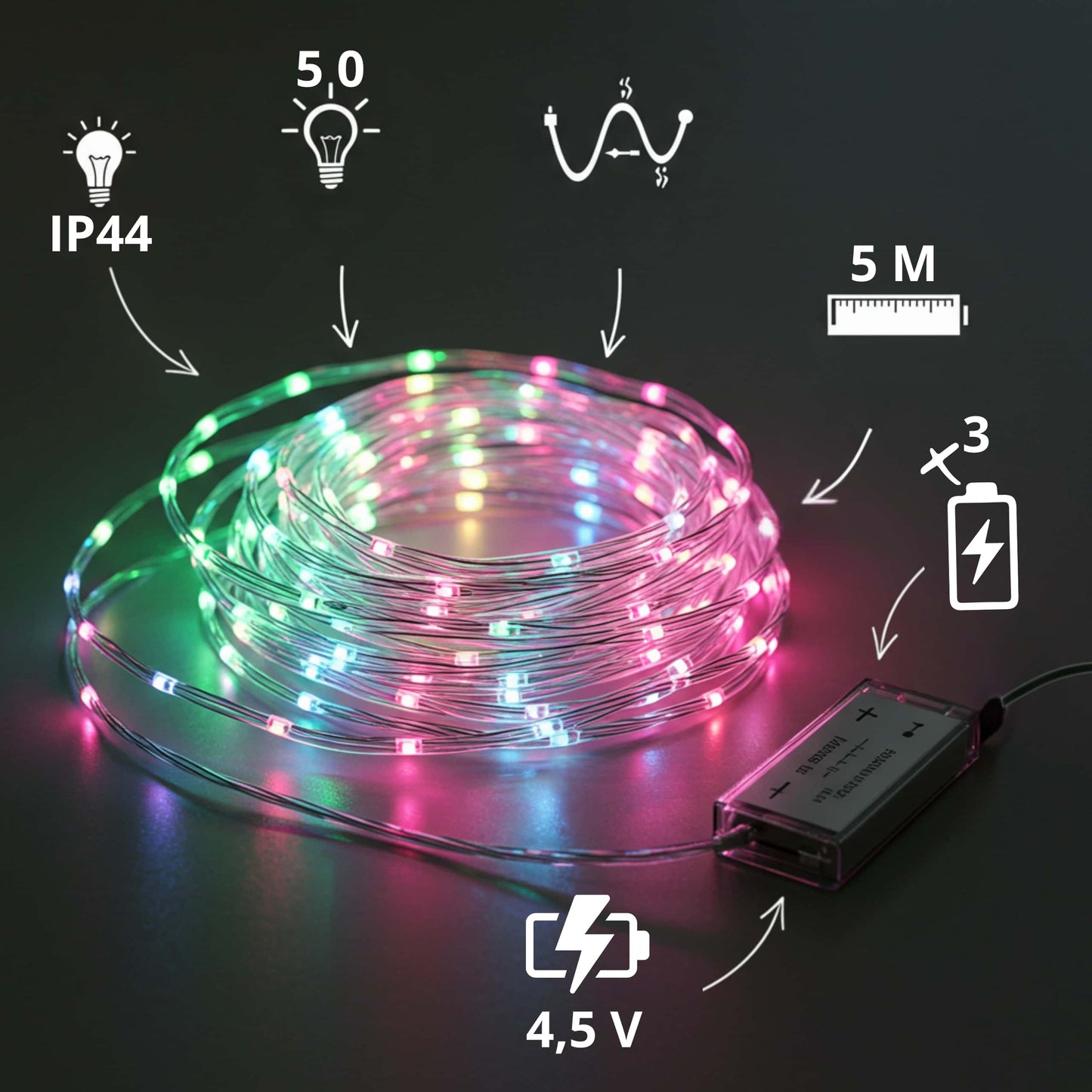 Detalles técnicos de guirnalda LED multicolor: 5 metros, IP44, 50 luces, 3 pilas AA, 4.5V.
