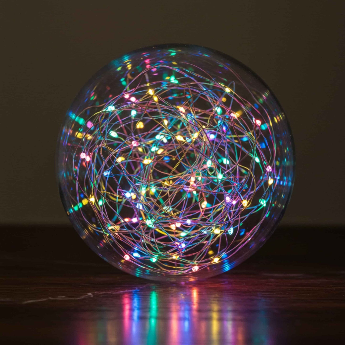 Luces LED multicolor dentro de esfera transparente, ideal para decoración de interiores.
