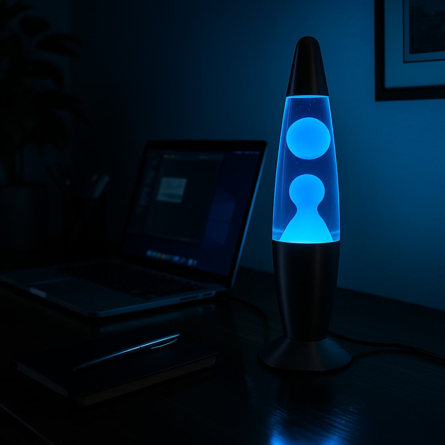 Lámpara azul decorando escritorio, perfecta para espacios de trabajo creativos e inspiradores.