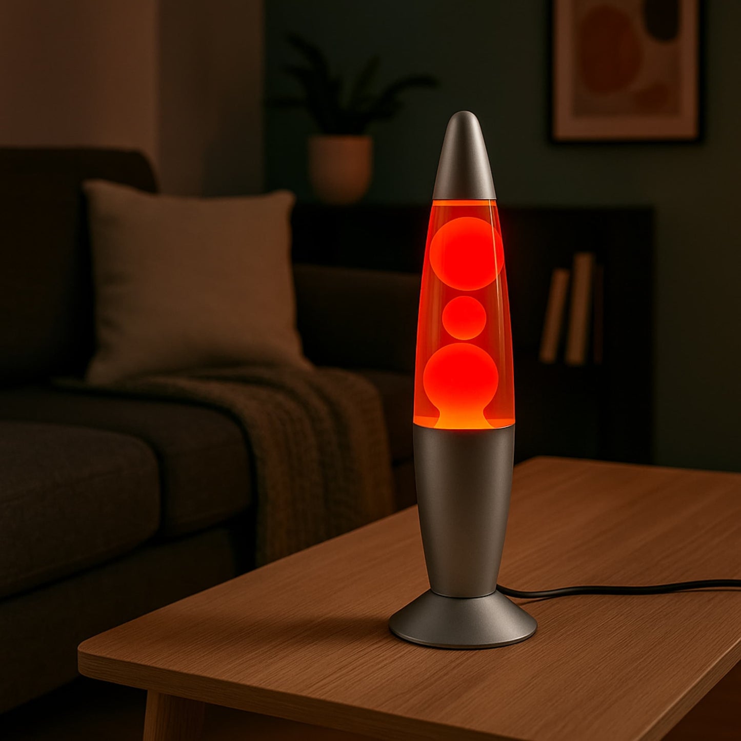 Luz de lava naranja decorando un salón con estilo contemporáneo y ambiente cálido.