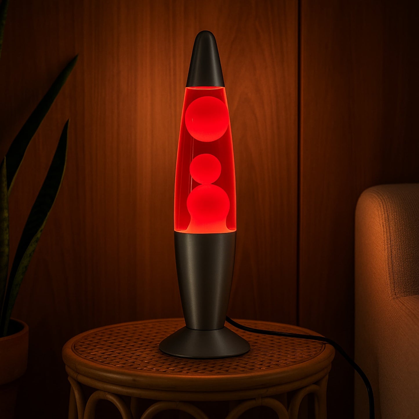 Lámpara de lava color rojo ubicada sobre mesita de noche, ideal para dormitorios con toque vintage.