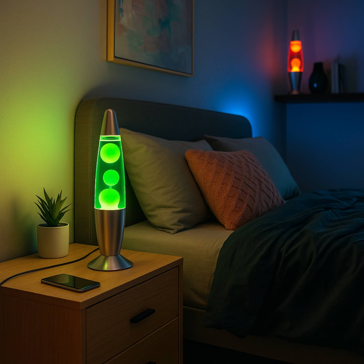 Lámpara verde aportando luz suave y color a una habitación con estilo tranquilo.