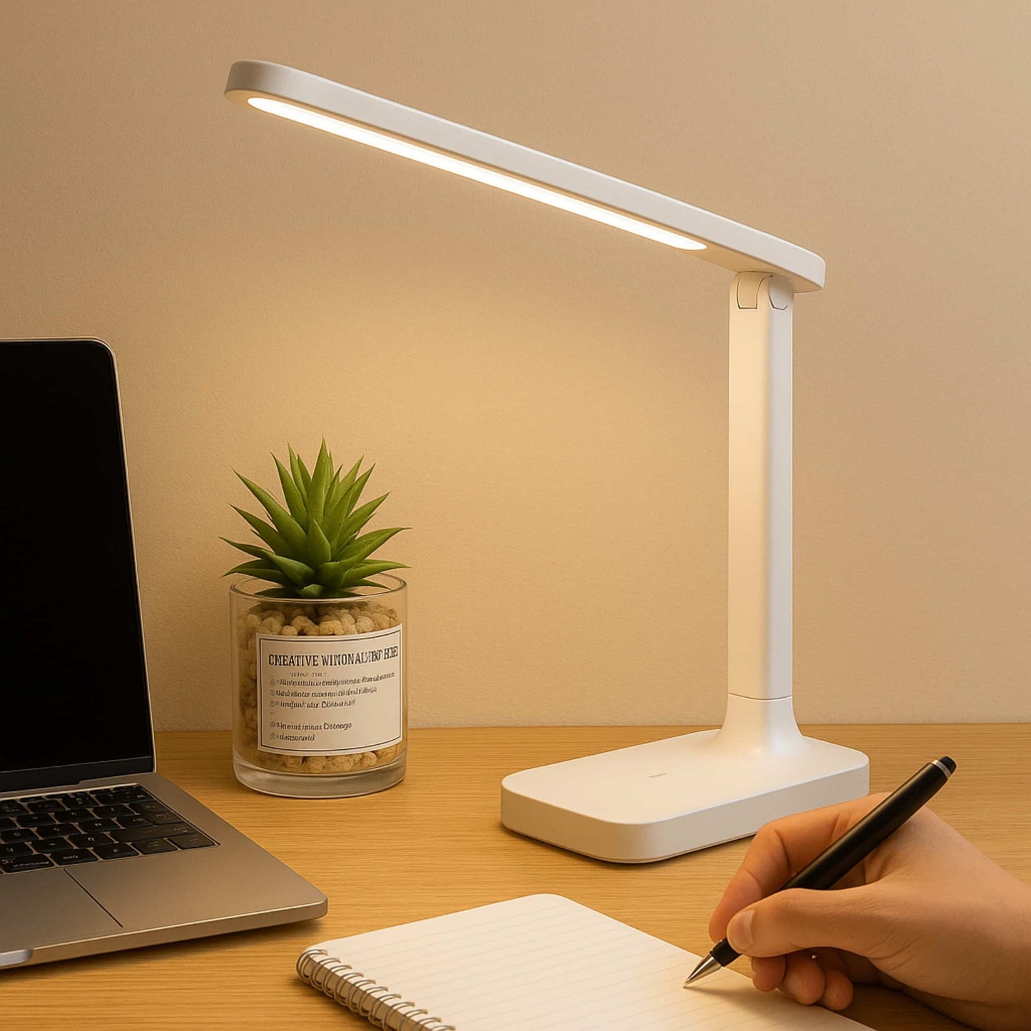 Lámpara LED plegable encendida sobre escritorio, ideal para estudiar o trabajar desde casa.