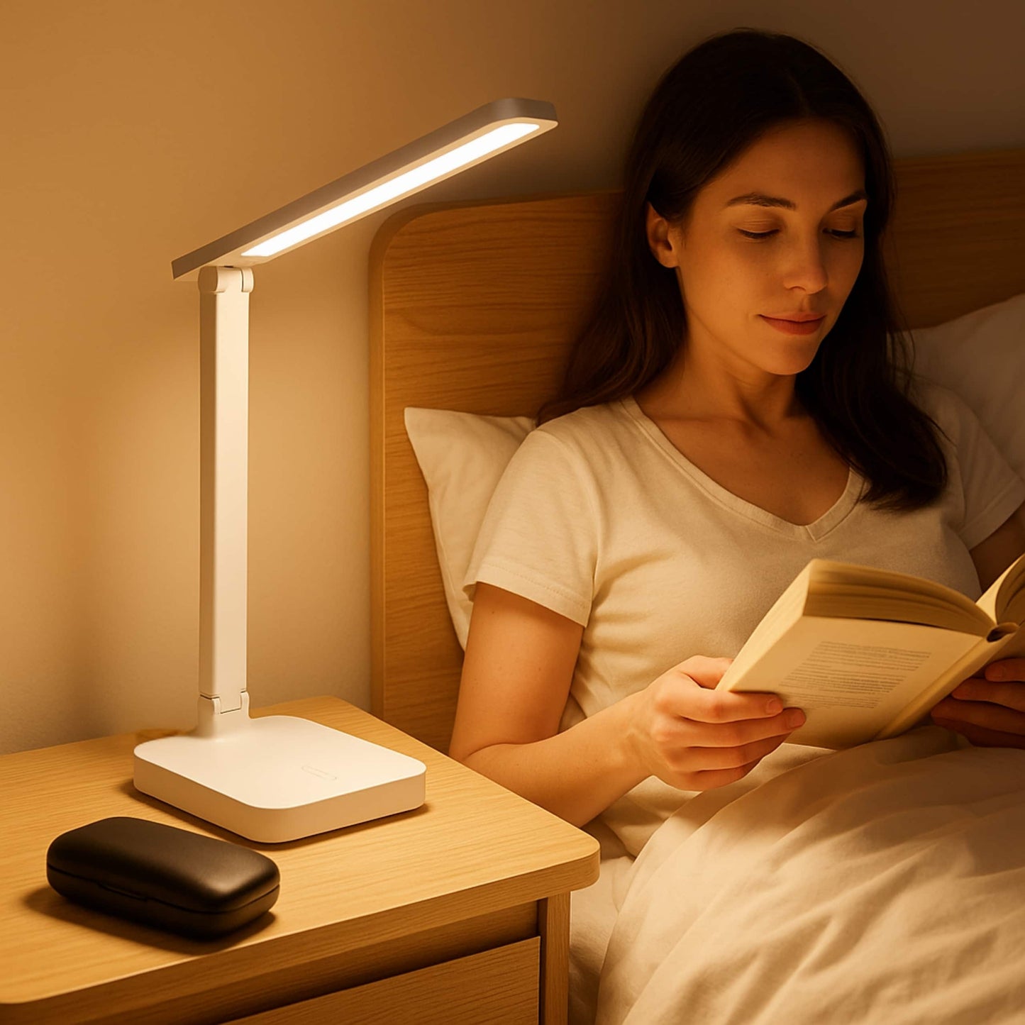 Lámpara LED plegable sobre mesita de noche, iluminando mientras una mujer lee en la cama.