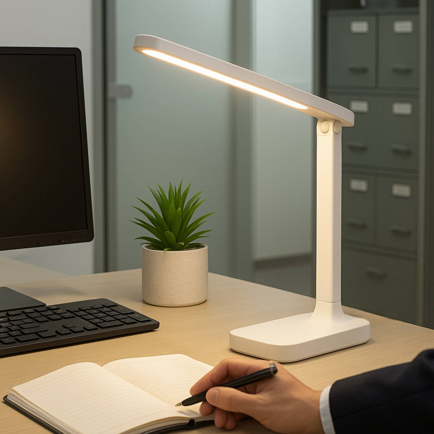 Lámpara LED plegable en una oficina moderna, ofreciendo luz blanca regulable para espacios de trabajo.