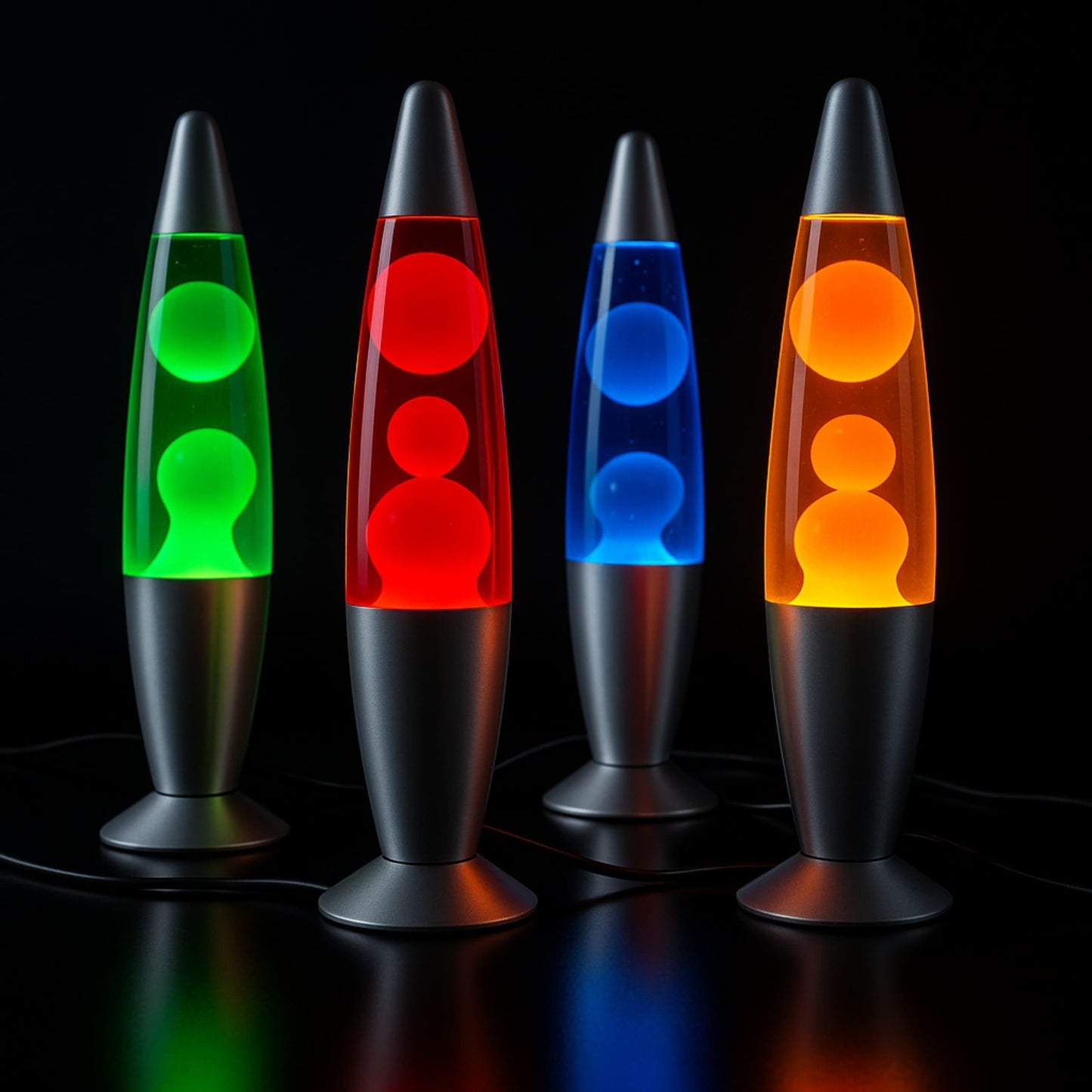 Efecto visual de lámparas de lava multicolor (roja, azul, verde, naranja) iluminando en oscuridad total.