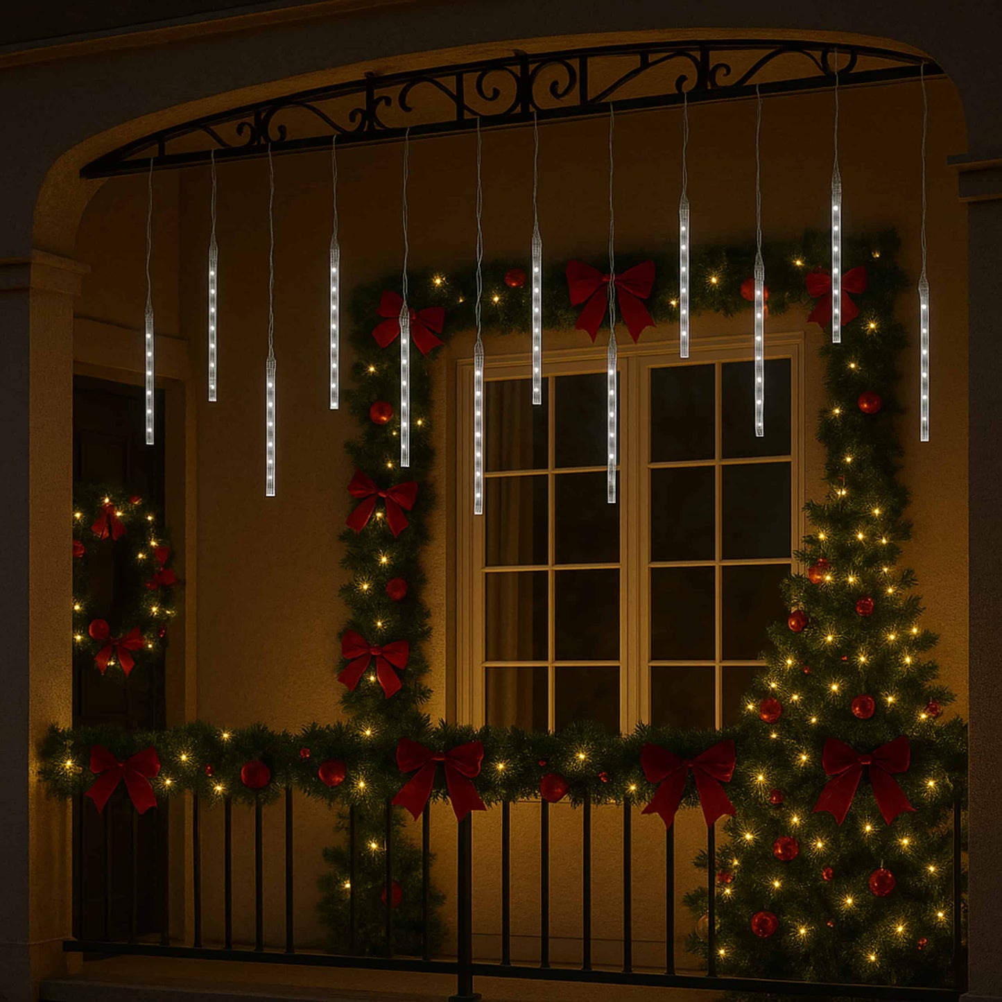 Guirnalda LED tipo cascada encendida en una fiesta navideña decorando jardín y balcón de noche.