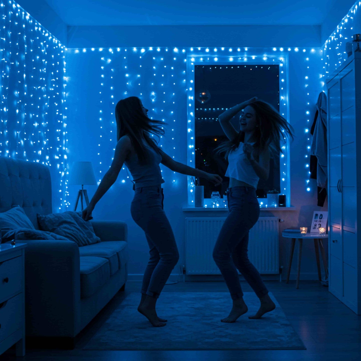 Habitación decorada con luces LED azules, creando ambiente festivo juvenil en interiores.