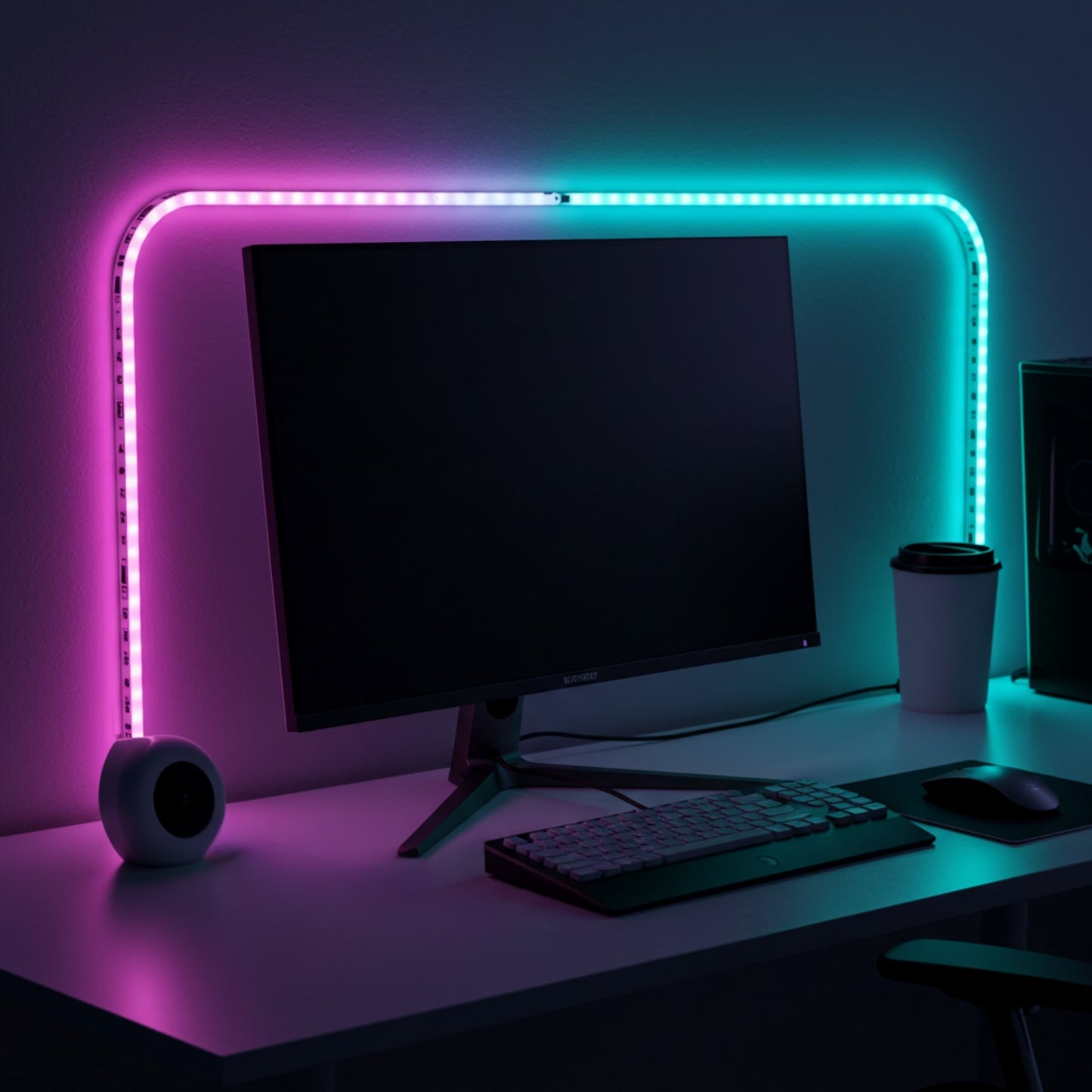 Tira LED RGB instalada en la pared trasera de un escritorio con ordenador, ideal para gaming y trabajo.