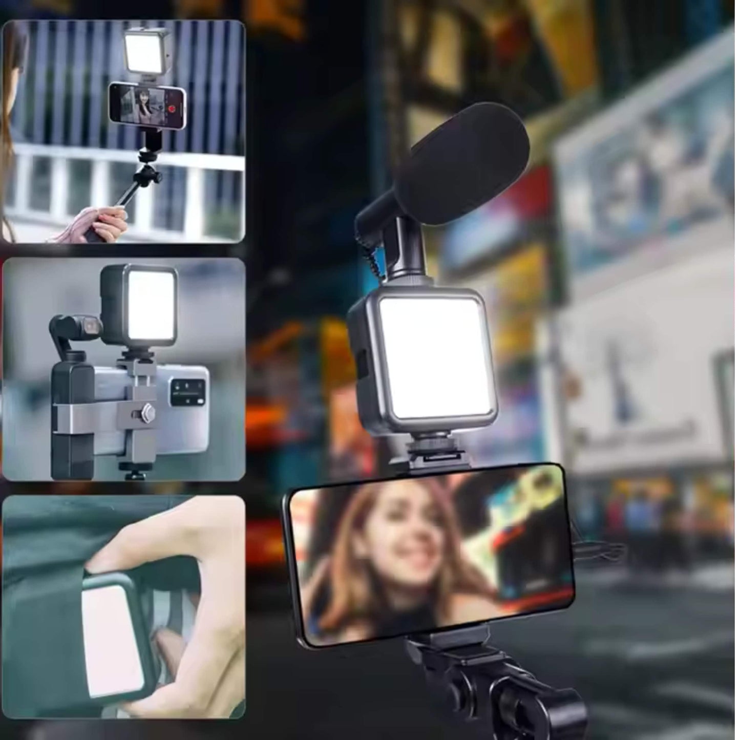 Montaje de luz LED portátil en diferentes dispositivos: teléfono móvil, computadora, bicicleta y cámara.