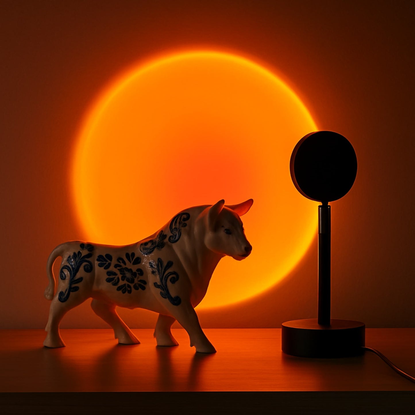 Lámpara proyector de atardecer decorando habitación infantil con luz cálida.