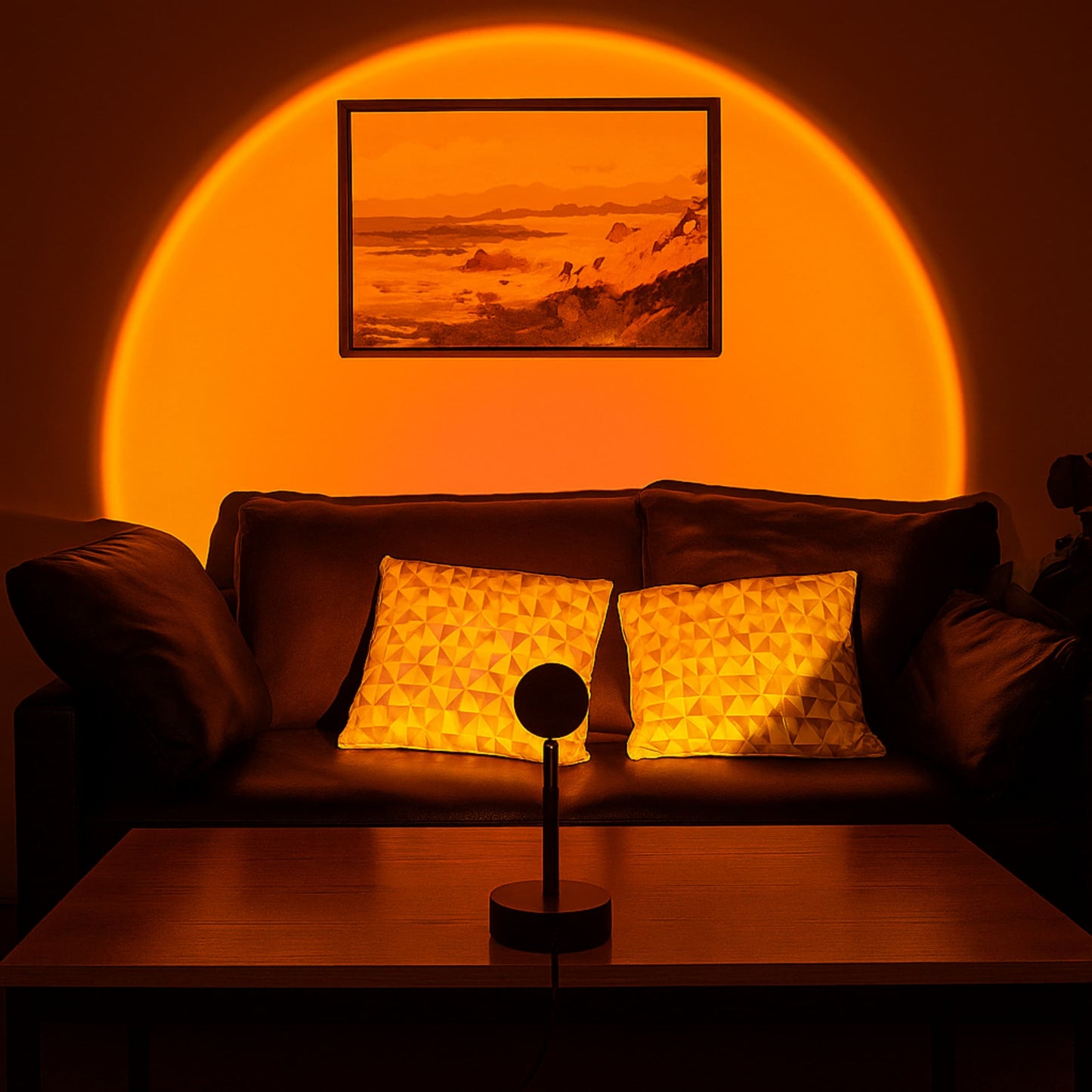 Efecto de luz de atardecer proyectado en pared por lámpara decorativa.