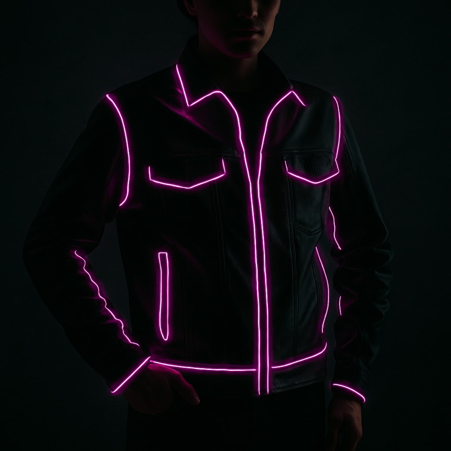 Chaqueta iluminada con diseño personalizado usando cable neón LED rosa.
