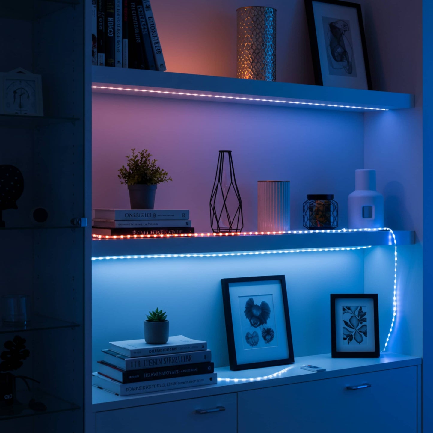 Iluminación LED RGB aplicada en estanterías del salón, perfecta para decoración moderna.