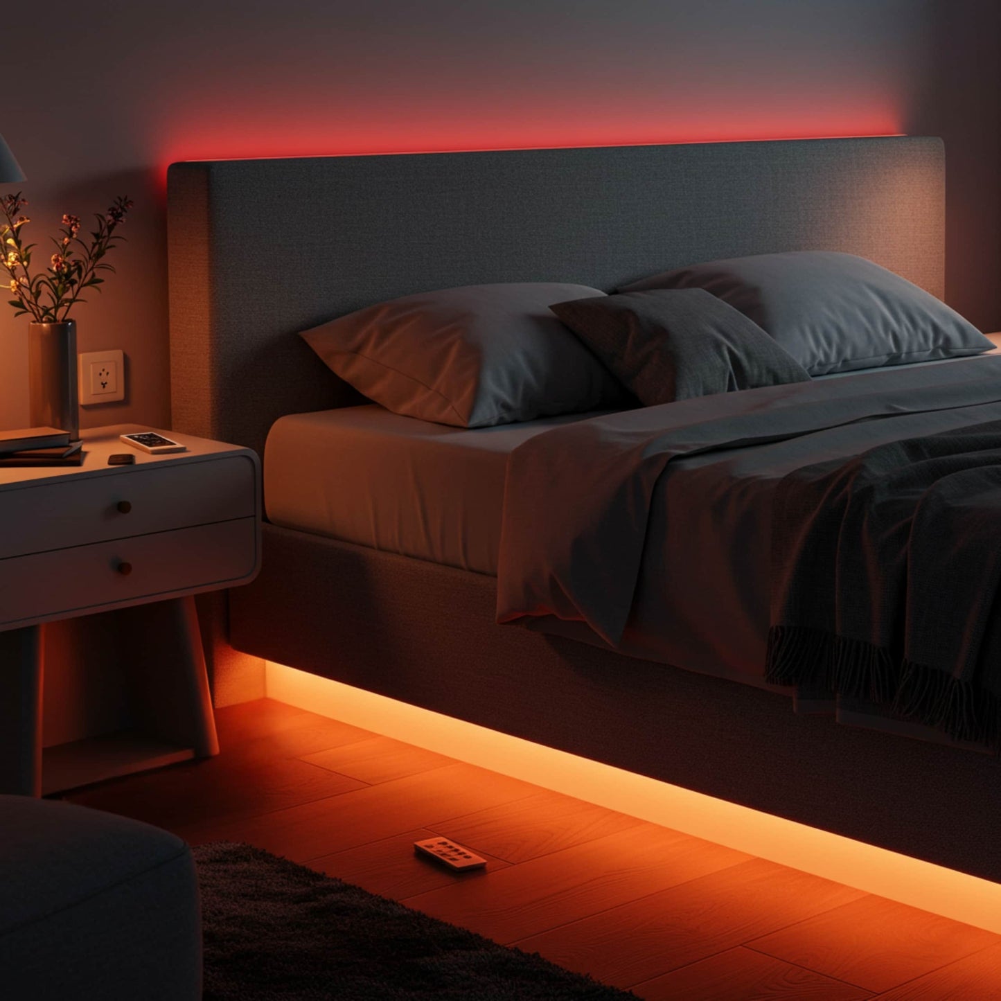 Luces LED RGB instaladas alrededor de una cama, creando ambiente relajante y juvenil en habitación.