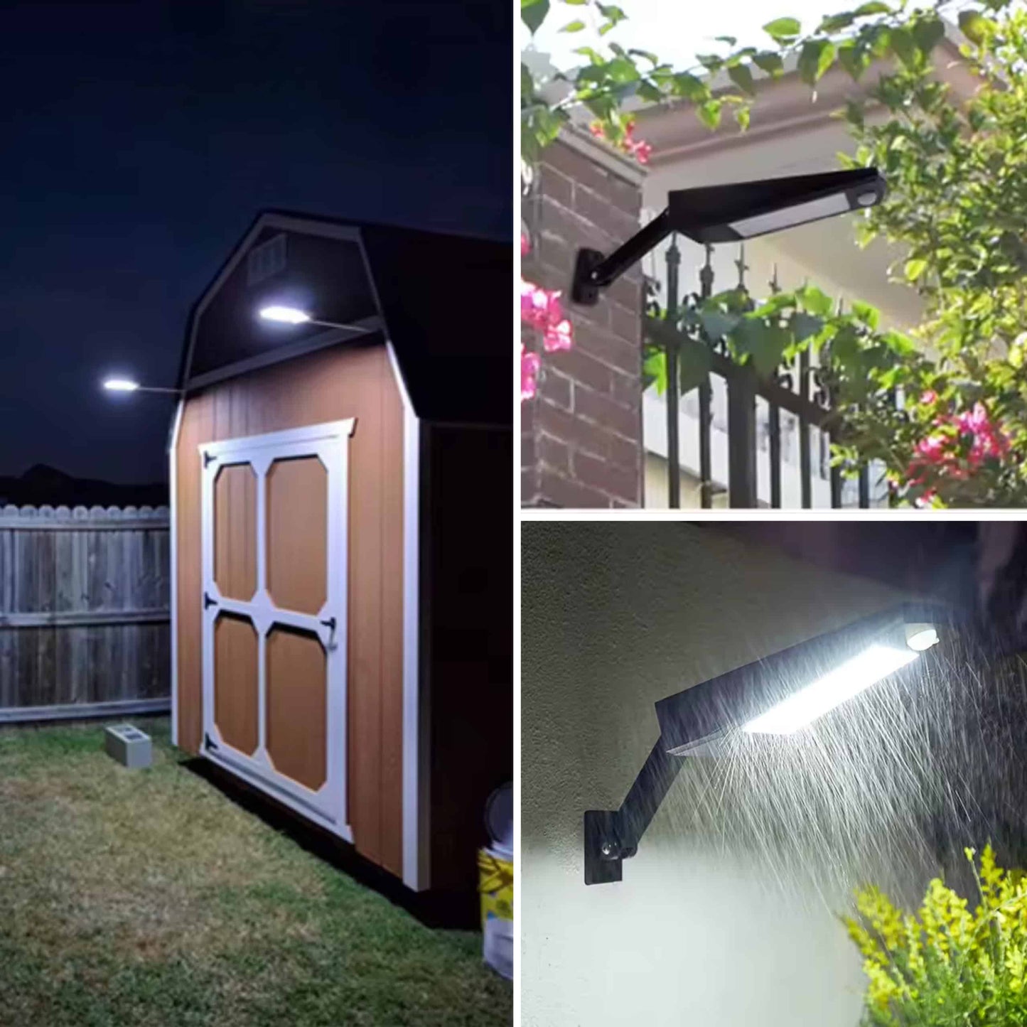 Montaje con tres imágenes de farola solar LED en funcionamiento en diferentes ubicaciones exteriores, demostrando versatilidad y potencia de iluminación.
