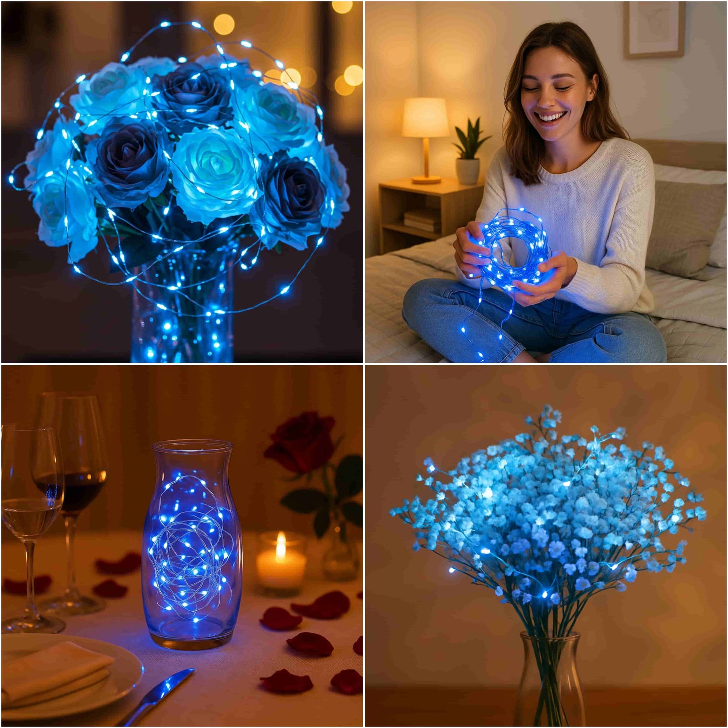 Collage de usos creativos con guirnalda LED azul: flores, habitaciones, cenas y decoración personalizada.
