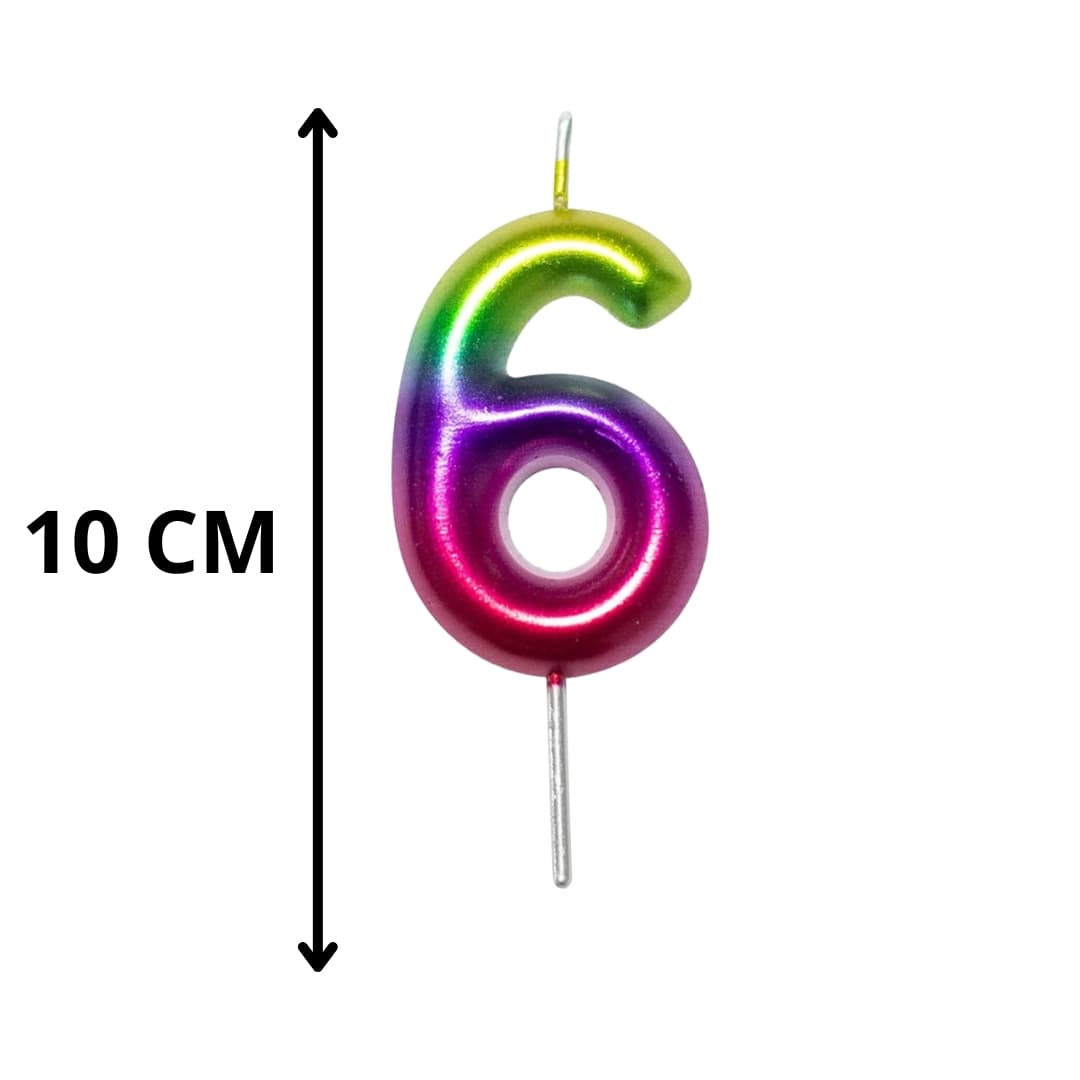 Vela metálica número 6 arcoíris 10 cm ideal para fiestas coloridas