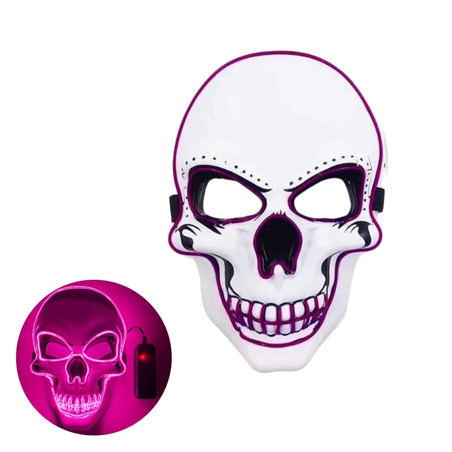 Máscara LED calavera LumiSkull Xtreme en color rosado brillante, perfecta para eventos nocturnos, disfraces llamativos 
