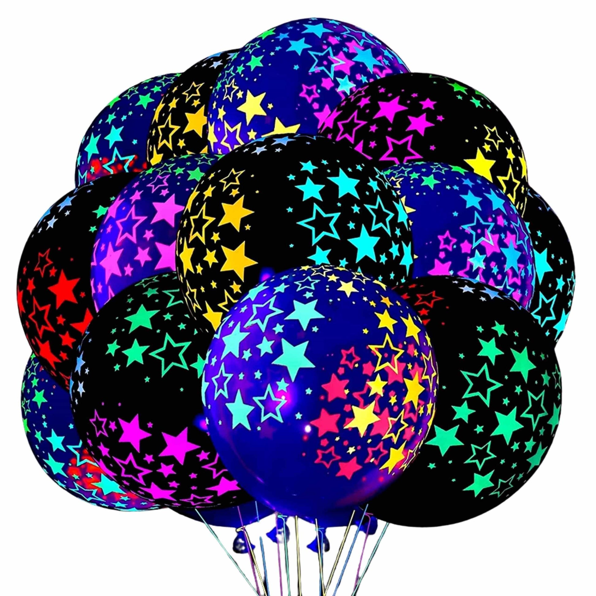 Globos fluorescentes LumiStar FX brillando bajo luz negra en una fiesta UV