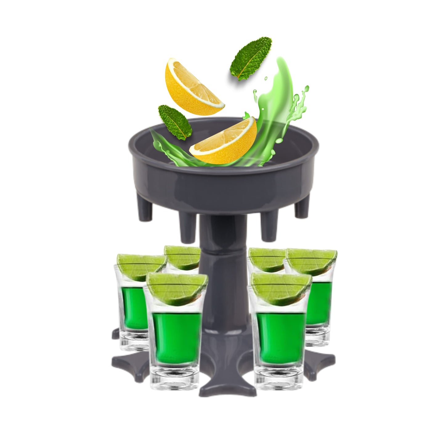Dispensador de chupitos con soporte para 6 vasos, ideal para fiestas.