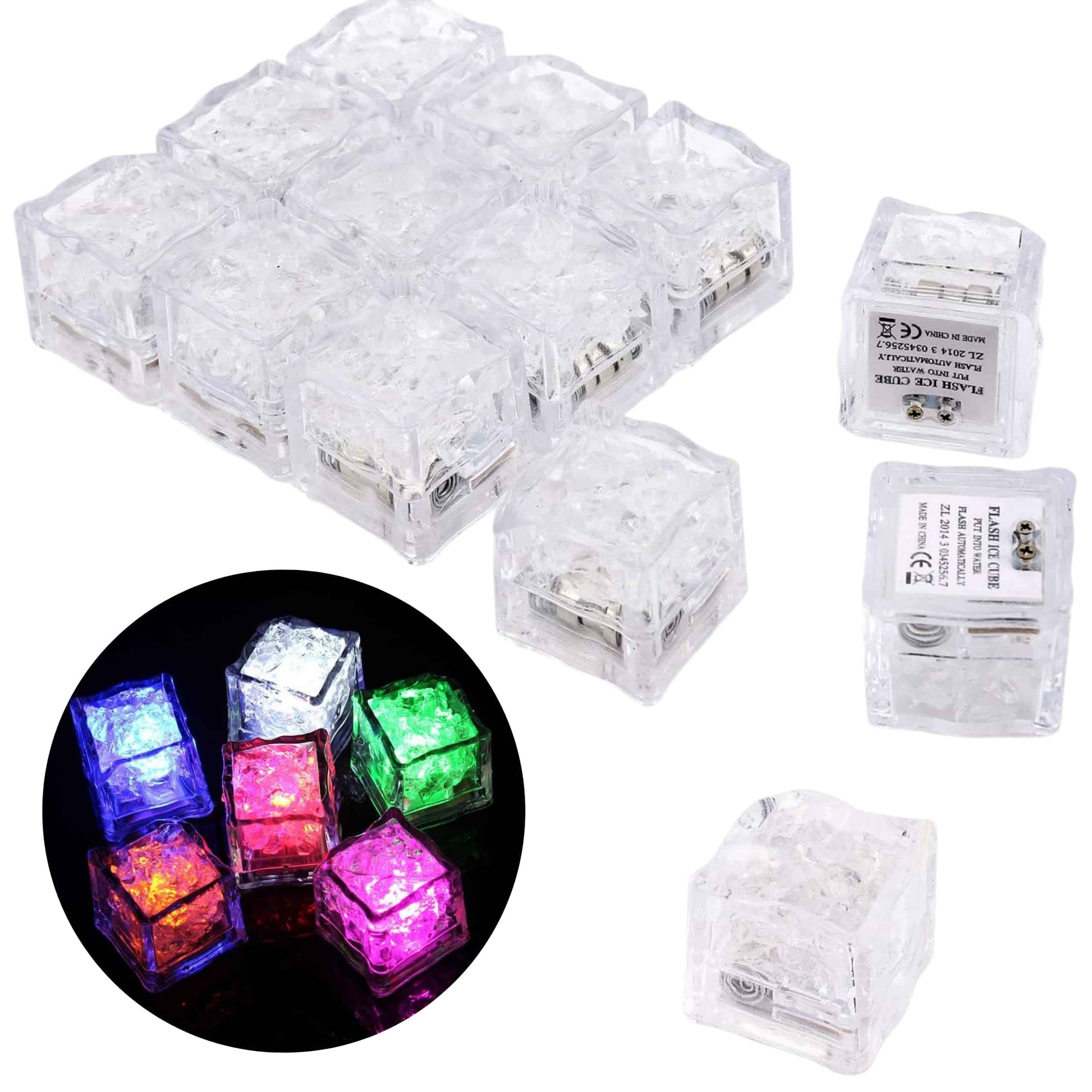 Cubitos de hielo LED multicolor brillando en bebida durante fiesta