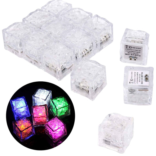 Cubitos de hielo LED multicolor brillando en bebida durante fiesta