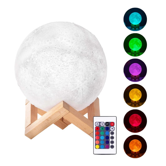 Lámpara LED luna 3D con 16 colores RGB y soporte de madera decorativo