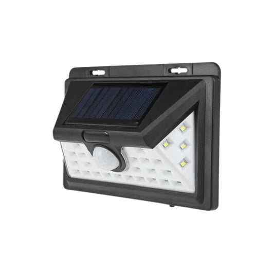 Luz solar de pared AB‑TA004 encendida, 28 LEDs y panel solar integrado 