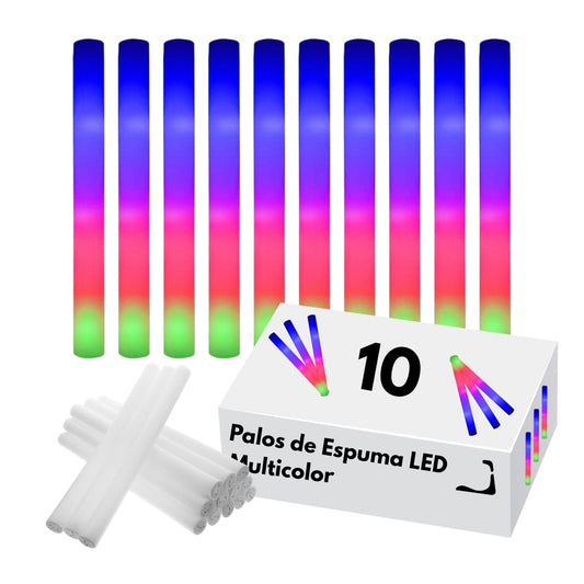 Set de 10 palos de espuma LED Flex 10 multicolor encendidos, ideales para animar fiestas y eventos