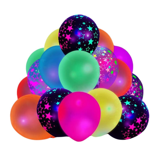 Globos LumiStars fluorescentes con diseño de estrellas brillando en luz UV