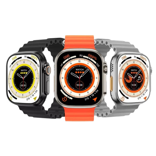Comparativa de Smartwatch Ultra en colores negro, naranja y  gris sobre fondo blanco