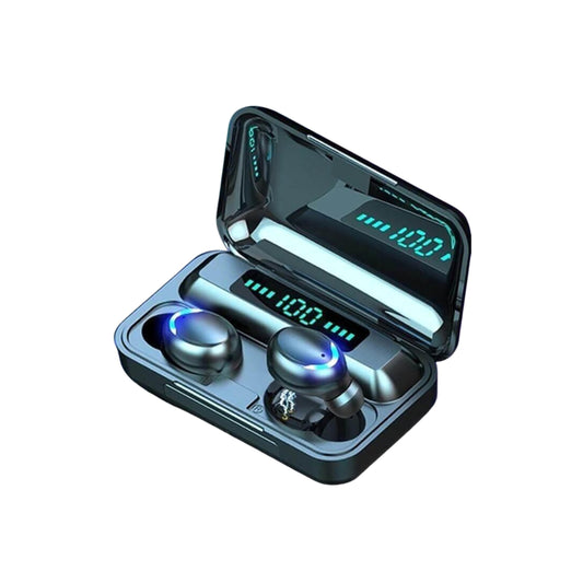 Mini auriculares Bluetooth dentro del estuche con pantalla LED que muestra el nivel de batería.