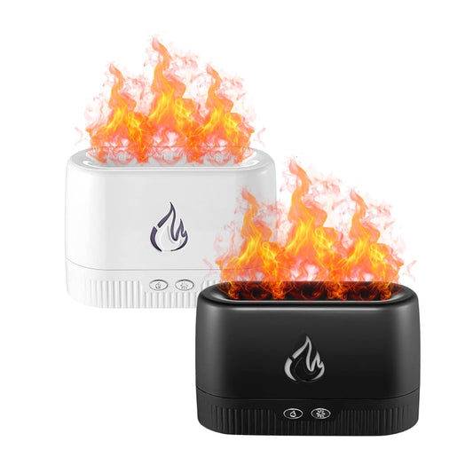 Humidificador efecto llama LED 200ml en color negro sobre mesa de noche