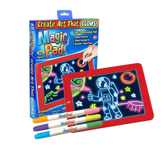 Tableta de dibujo MagicPad encendida con ilustraciones brillantes en pantalla LED.