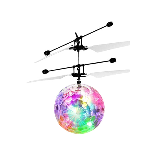 Pelota voladora con luces LED multicolor flotando en el aire gracias al sensor de movimiento.