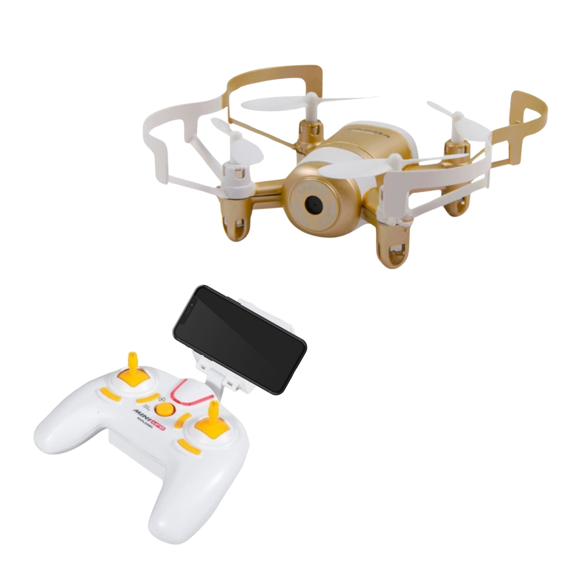 Mini drone UFO Explorer con cámara FPV y luces LED volando en interior