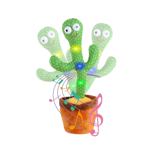 Cactus bailarín de felpa con ojos grandes y sonrisa, de pie sobre su maceta marrón, sobre fondo blanco.